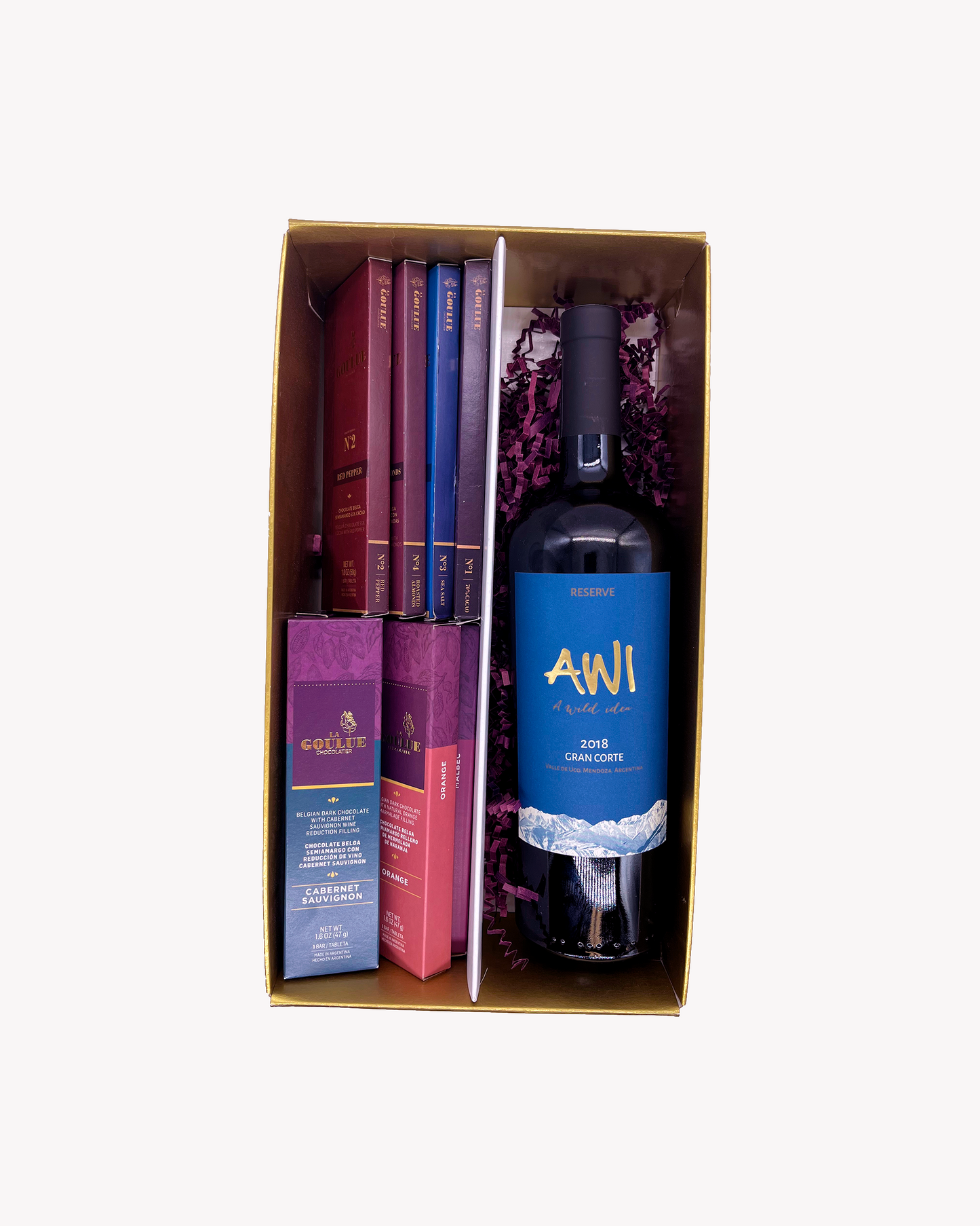 #2 Gift Basket: 6 Chocolate Bars + 4 Chocolate Tablets + Awi Gran Corte 2018 (90pts James Suckling)