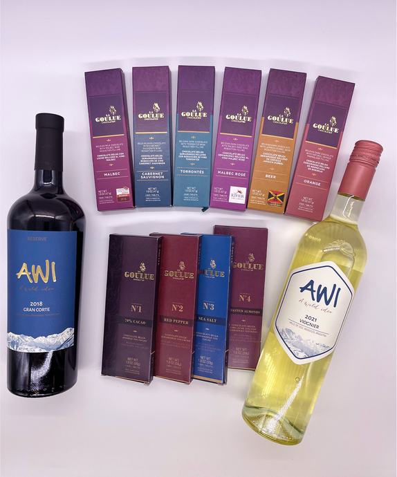 #3 Gift Basket: 6 Chocolate Bars + 4 Chocolate Tablets + Awi Gran Corte 2018 (90pts James Suckling)+ White Blend 2019